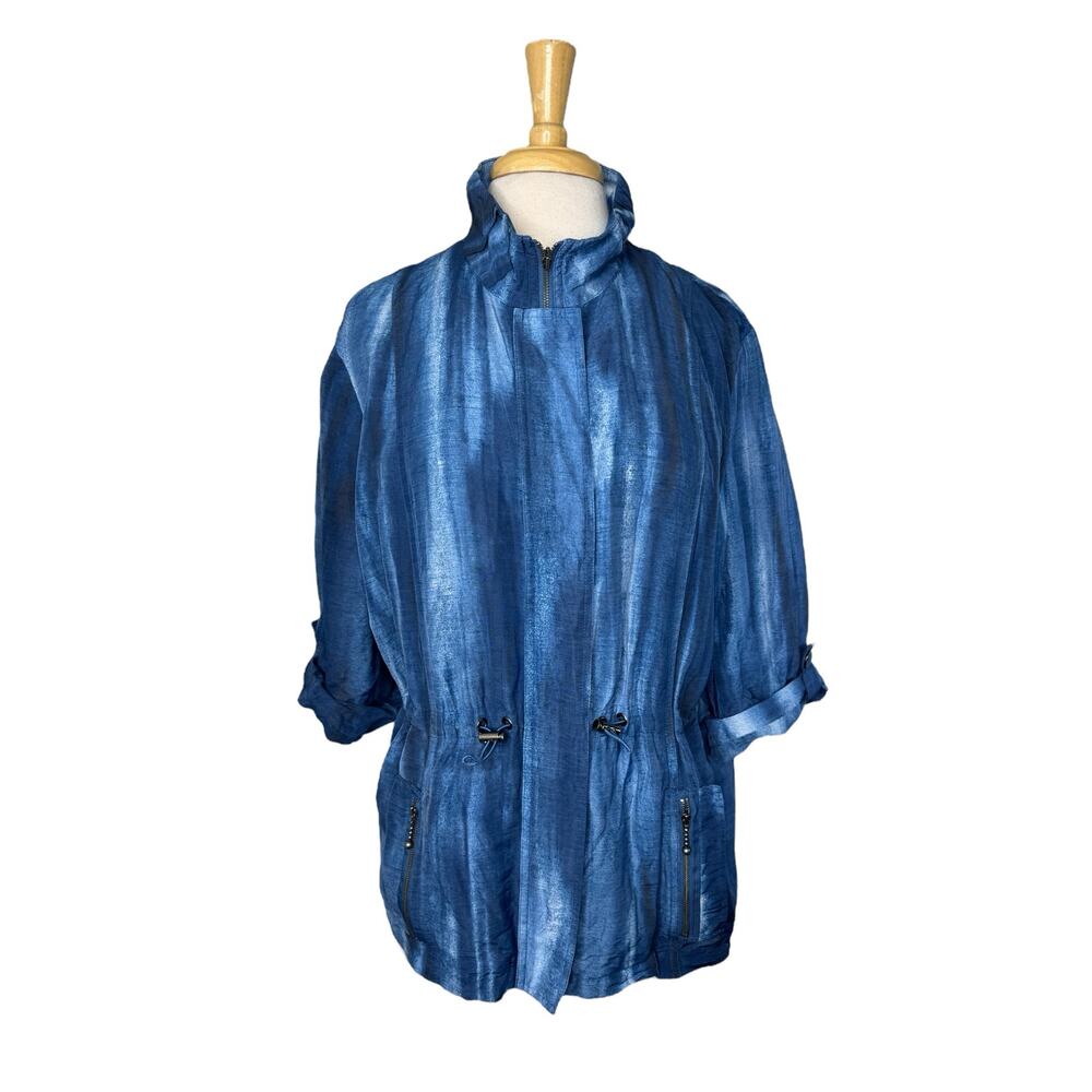 CHICOS Water Blue Linen Blend Full Zip Jacket Size XL (3) Drawstring Roll Tab